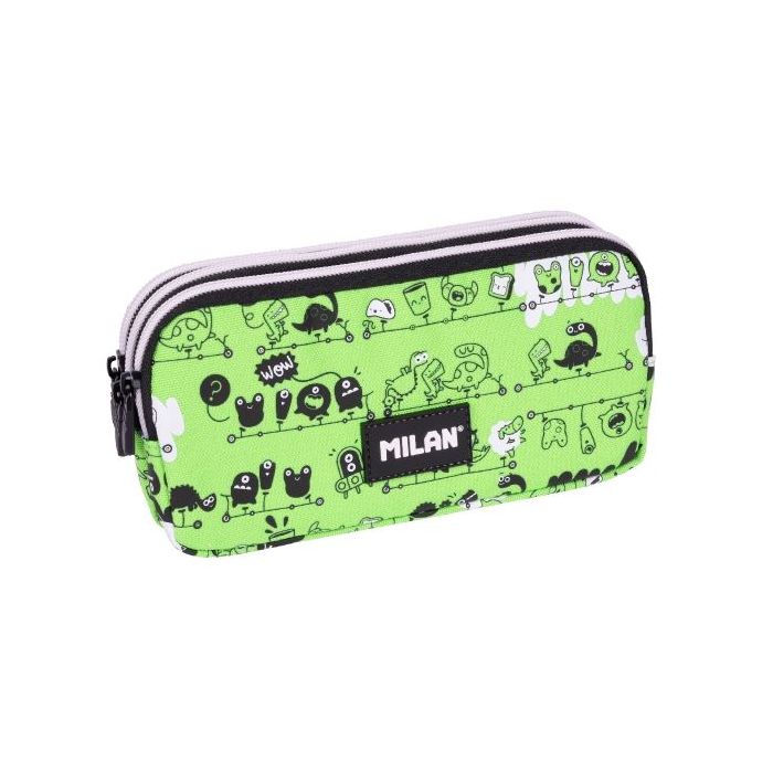 Milan Tandem 2 Estuche Portatodo - Cremallera - 3 Compartimentos - 22x11x6.5cm - Color Verde