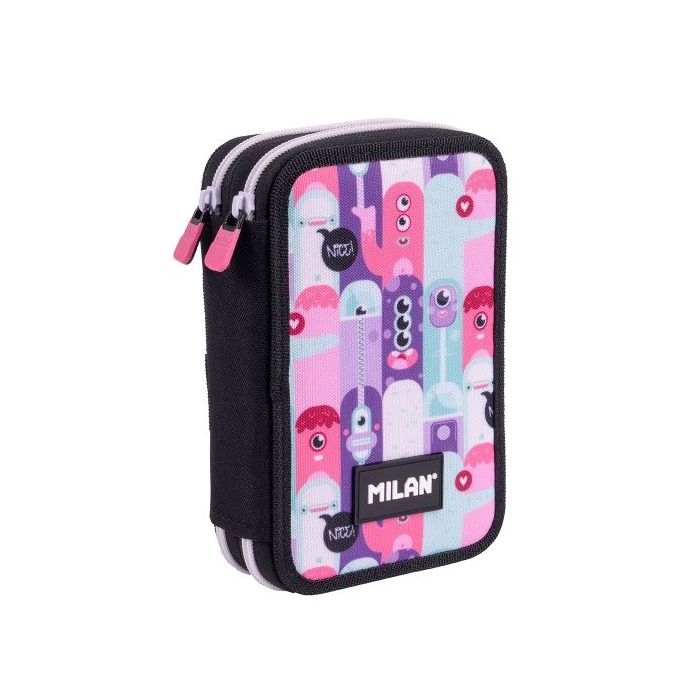 Milan Aliens 2 Plumier de 2 Pisos con Regla - Sacapuntas - Gomas de Borrar - Lapices de Grafito y de Colores - Rotuladores - Boligrafo Azul - 19.5x13x5cm - Color Rosa