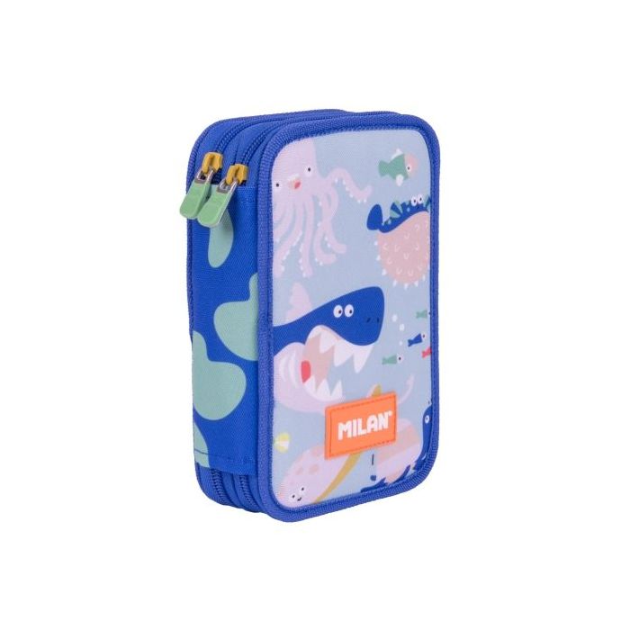 Milan Blue Odyssey Plumier de 2 Pisos con Regla - Sacapuntas - Gomas de Borrar - Lapices de Grafito y de Colores - Rotuladores - Boligrafo Azul - 19.5x13x5cm - Multicolor