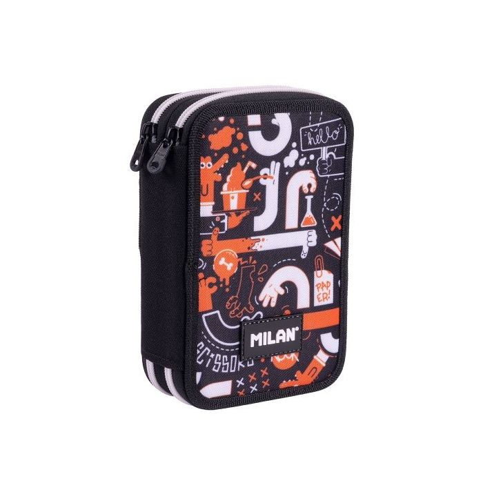 Milan Fingers Plumier de 2 Pisos con Regla - Sacapuntas - Gomas de Borrar - Lapices de Grafito y de Colores - Rotuladores - Boligrafo Azul - 19.5x13x5cm - Color Naranja