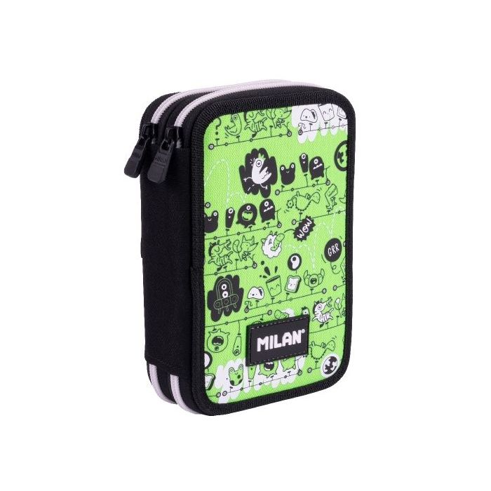 Milan Tandem 2 Plumier de 2 Pisos con Regla - Sacapuntas - Gomas de Borrar - Lapices de Grafito y de Colores - Rotuladores - Boligrafo Azul - 19.5x13x5cm - Color Verde