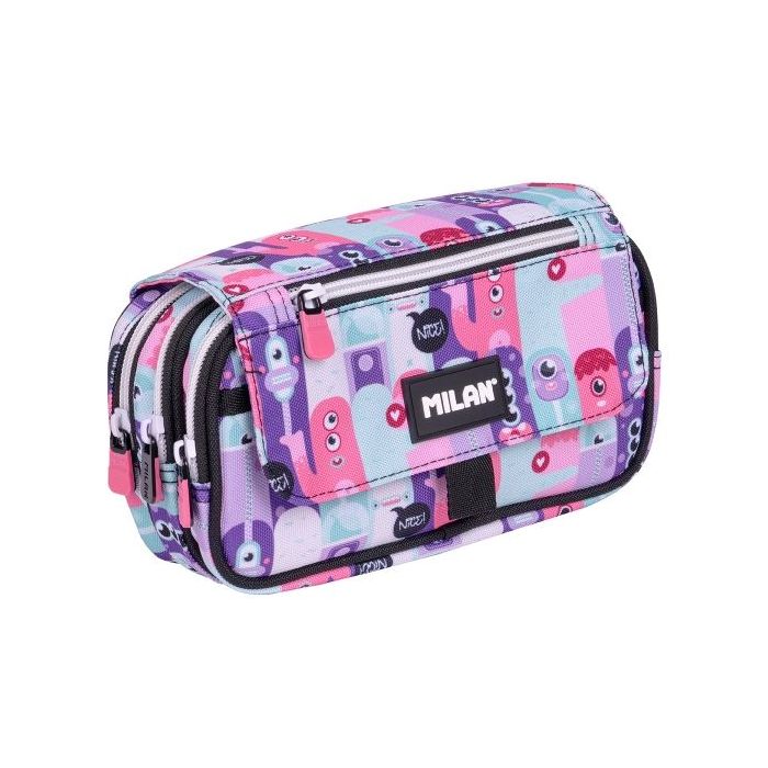 Milan Aliens 2 Estuche Portatodo con Solapa - Cremallera - 4 Compartimentos - 13x24x10cm - Color Rosa