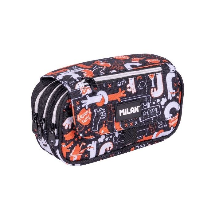 Milan Fingers Estuche Portatodo con Solapa - Cremallera - 4 Compartimentos - 13x24x10cm - Color Naranja