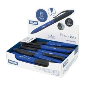 Milan P1 Stylus Expositor con 25 Boligrafos de Bola Retractiles - Tinta Azul - Punta Redonda 1mm - Color Azul