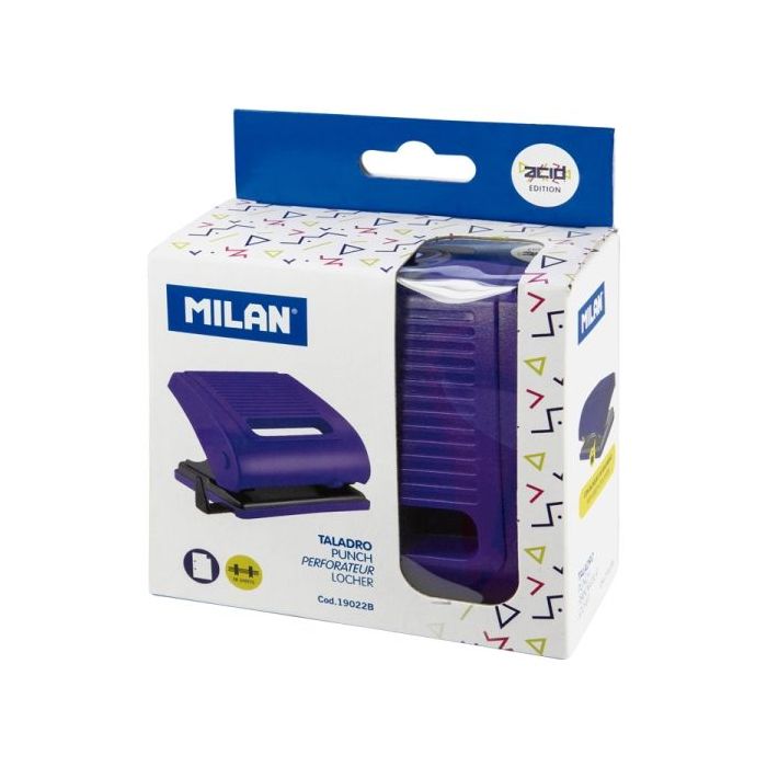 Milan Acid Taladro Perforador - Incluye Guia de Plastico - hasta 15 Hojas - Bloqueo de Seguridad - Facil Vaciado - Color Azul