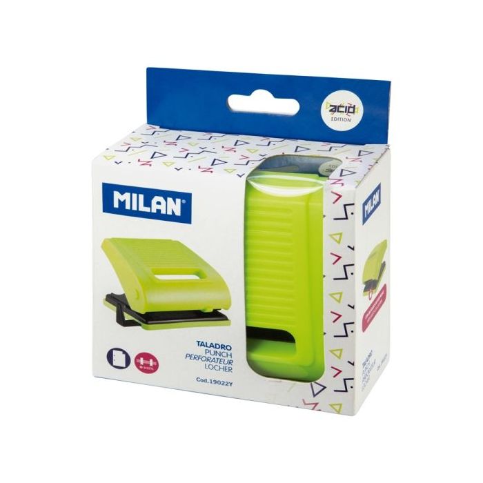 Milan Acid Taladro Perforador - Incluye Guia de Plastico - hasta 15 Hojas - Bloqueo de Seguridad - Facil Vaciado - Color Amarillo