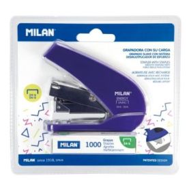 Milan Acid Energy Saving Grapadora Compacta - 1000 Grapas Incluidas - hasta 20 Hojas - Grapas 24/6 y 26/6 - Color Azul
