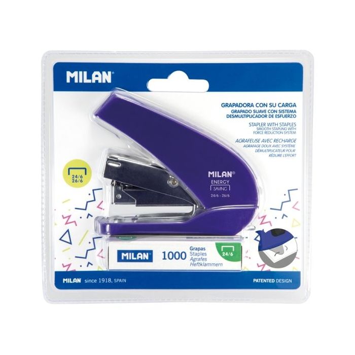 Milan Acid Energy Saving Grapadora Compacta - 1000 Grapas Incluidas - hasta 20 Hojas - Grapas 24/6 y 26/6 - Color Azul