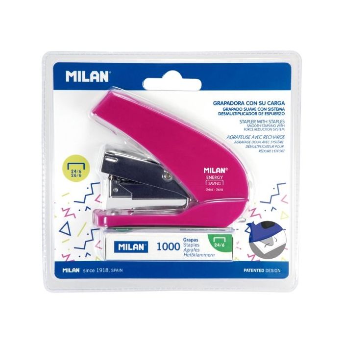 Milan Acid Energy Saving Grapadora Compacta - 1000 Grapas Incluidas - hasta 20 Hojas - Grapas 24/6 y 26/6 - Color Rosa