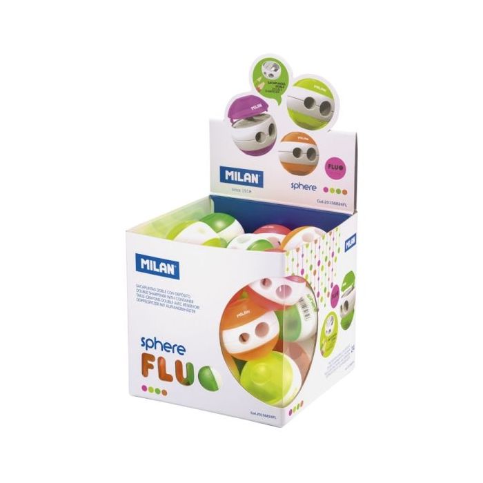 Milan Sphere Fluo Expositor con 24 Sacapuntas Doble - Regular y Maxi - Deposito Integrado - Cuchilla de Acero de Seguridad - Colores Surtidos