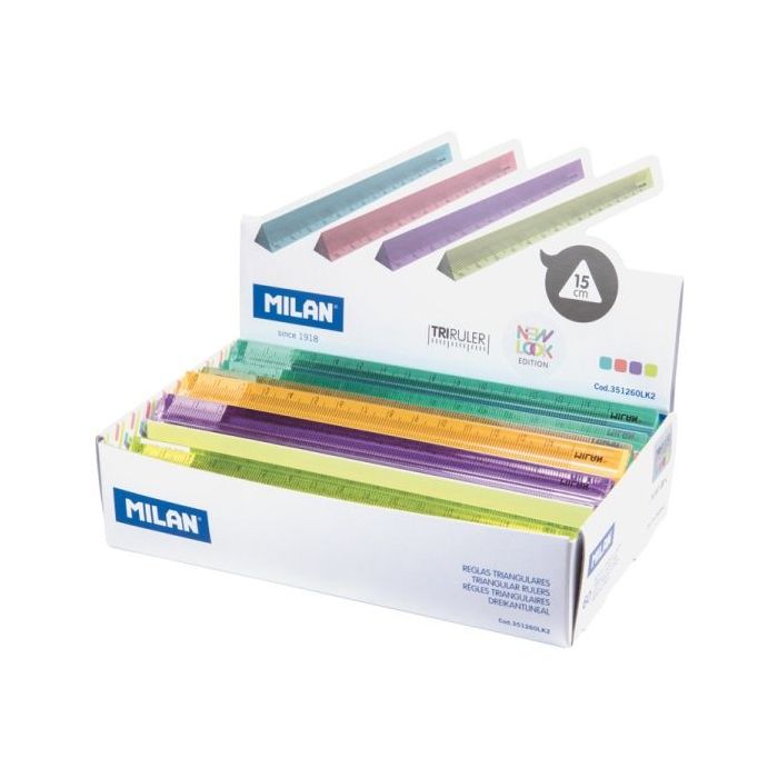 Milan New Look Expositor con 60 Reglas Triangulares de 15cm - Plastico Rigido - Transparente - Colores Surtidos