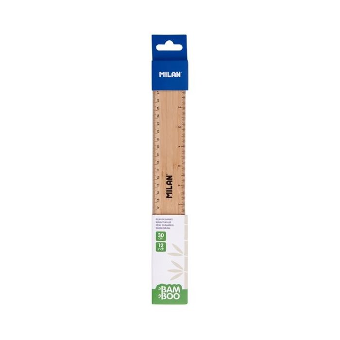 Milan Regla de 30cm - Bambu - Gruesa - Centimetros y Pulgadas - Color Madera Claro