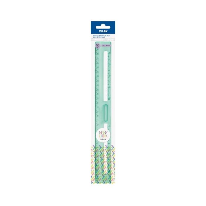 Milan New Look Regla de 30cm - Plastico Rigido - Transparente - Centimetros y Pulgadas - Color Verde