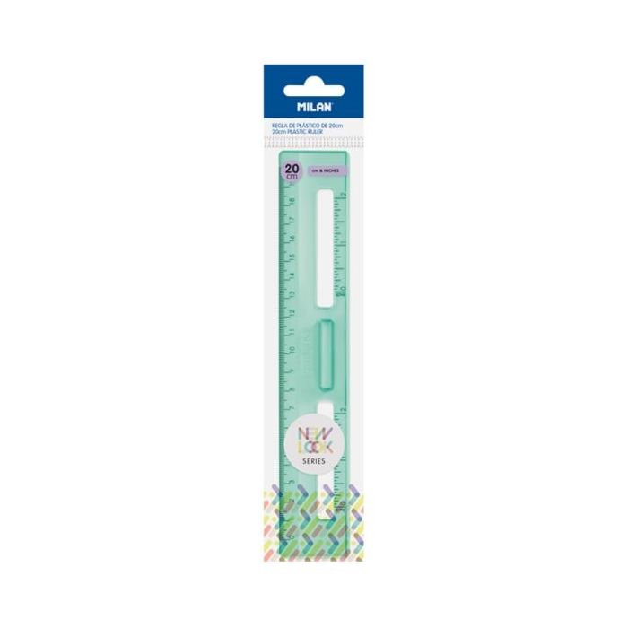 Milan New Look Regla de 20cm - Plastico Rigido - Transparente - Centimetros y Pulgadas - Color Verde