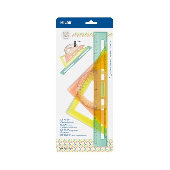 Milan New Look Pack de Reglas de Trazado - Plastico Rigido - Transparente - Centimetros y Pulgadas - Colores Surtidos