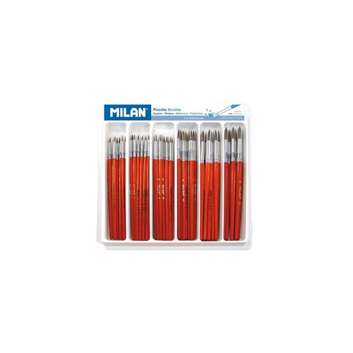 Milan 101 Pack de 120 Pinceles Escolares Redondos - Bandeja - Formatos Surtidos - Color Marron