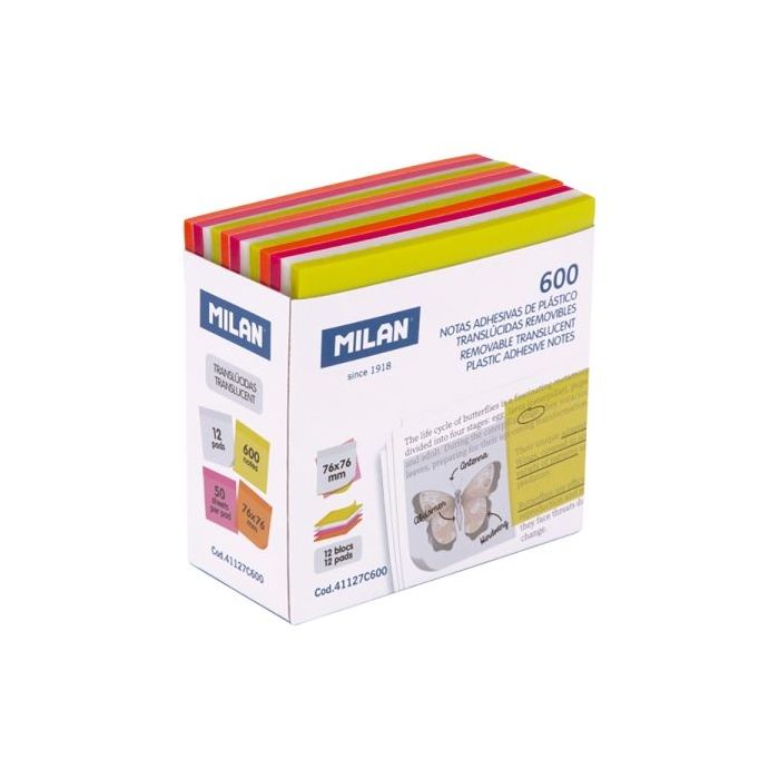 Milan Fluo Pack de 600 Notas Adhesivas - Translucidas - Removibles - 76x76mm - Colores Surtidos