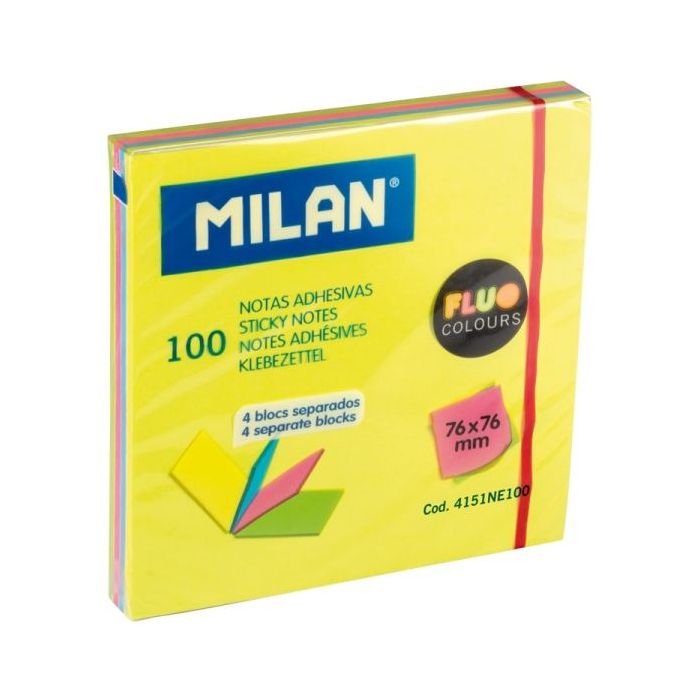 Milan Fluo Pack de 100 Notas Adhesivas - Colores Neon - 76x76mm - Colores Surtidos