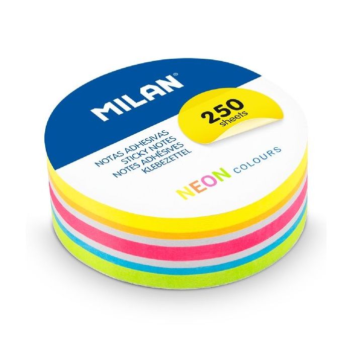 Milan Pack de 250 Notas Adhesivas - Colores Neon - Redondas - 67mm - Colores Surtidos