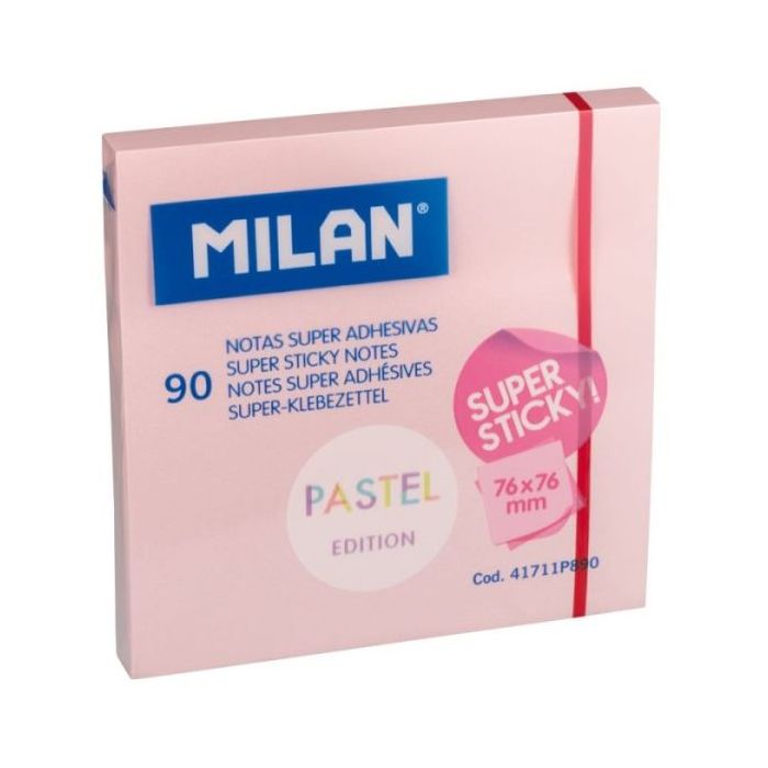 Milan Bloc de 90 Notas Super Adhesivas - Removibles - Mayor Permanencia - 76mm x 76mm - Color Rosa Pastel