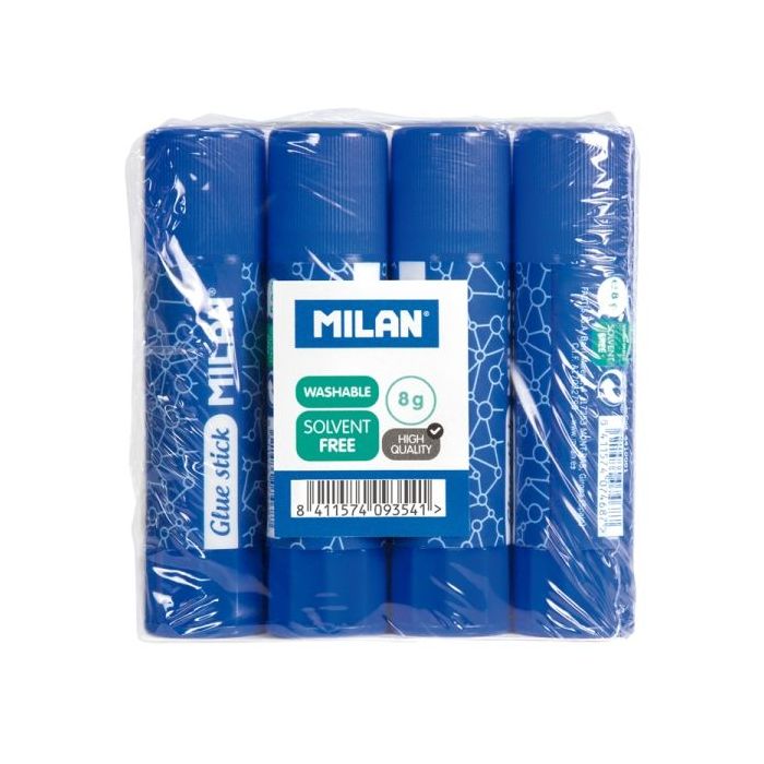 Milan Pack 4 Barras de Pegamento 8 g - Multiusos - Multisuperficies - Sin Disolventes - Uso Escolar - Color Azul
