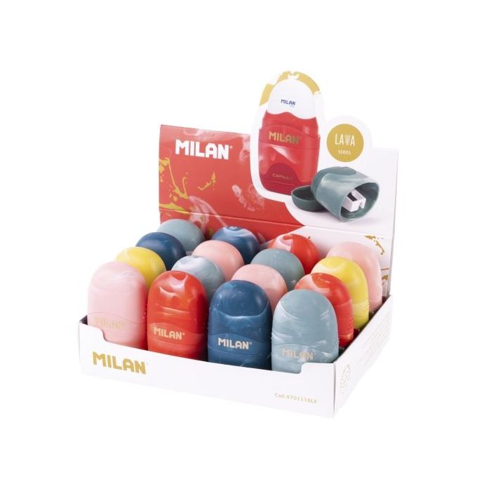 Milan Capsule Lava Expositor con 16 Afilaborras - Goma Miga de Pan - Deposito Integrado - Cuchilla de Acero de Seguridad - Colores Surtidos