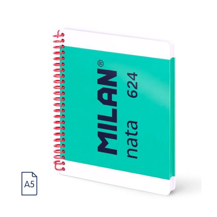 Milan Nata 624 Cuaderno A5 con Espiral - Hojas Blancas - 80 Hojas de 95g - Tapa Dura - Color Verde