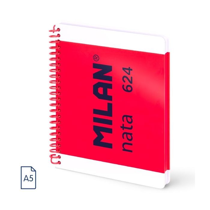 Milan Nata 624 Cuaderno A5 con Espiral - Papel a Lineas de 7mm - 80 Hojas de 95g - Tapa Dura - Color Rosa