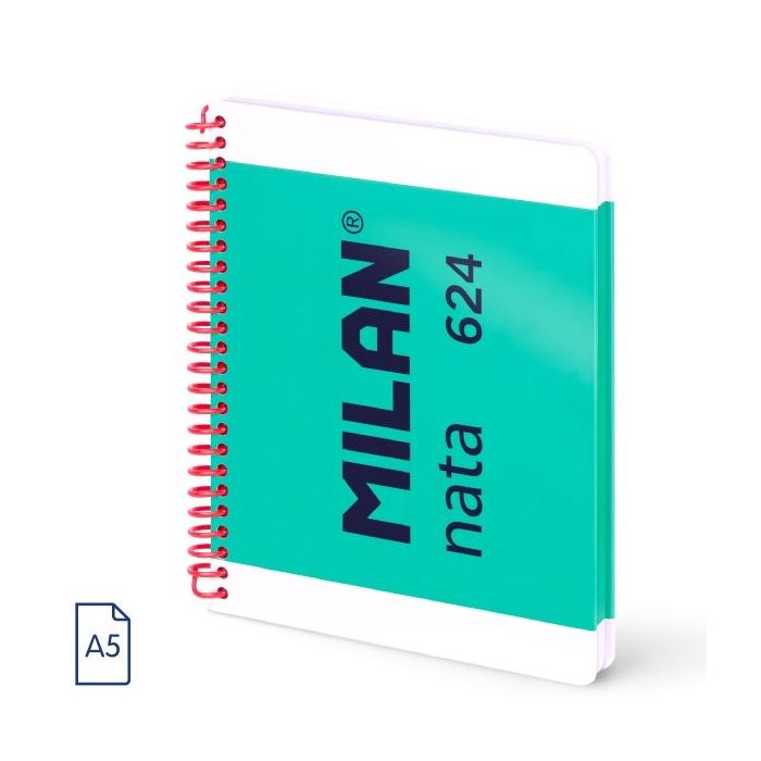 Milan Nata 624 Cuaderno A5 con Espiral - Cuadriculado - 80 Hojas de 95Gr - Tapa Dura - Color Verde