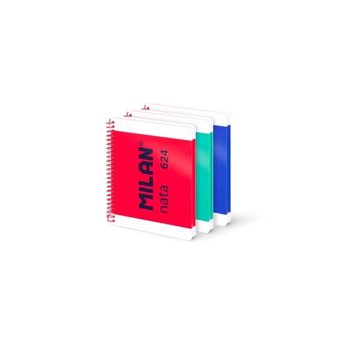 Milan Nata 624 Pack 3 Cuadernos A5 con Espiral - Cuadriculado - 80 Hojas de 95Gr - Tapa Dura - Colores Surtidos