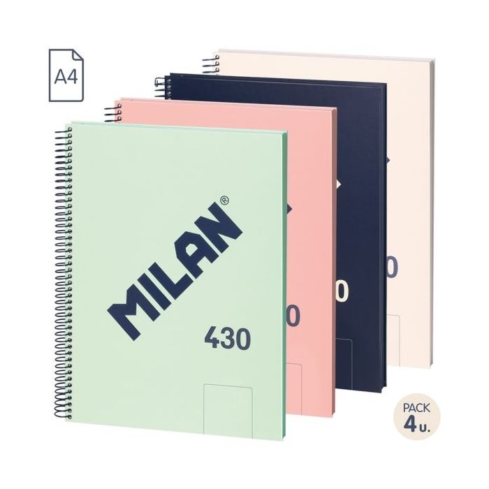 Milan 430 Since 1918 Pack de 4 Cuadernos A4 con Espiral - Hojas Blancas - 80 Hojas de 95g - Tapa Dura - Colores Surtidos