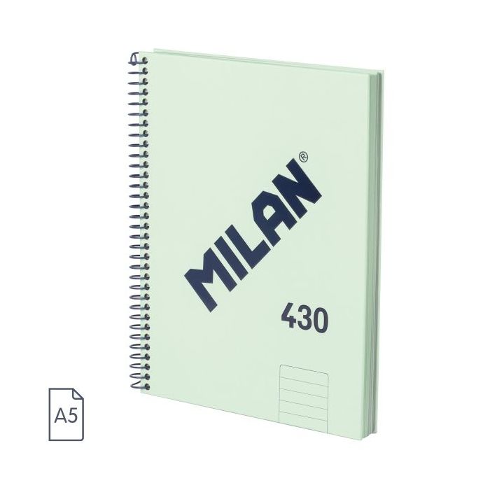 Milan 430 Since 1918 Cuaderno A5 con Espiral - Papel a Lineas de 7mm - 80 Hojas de 95g - Tapa Dura - Color Menta