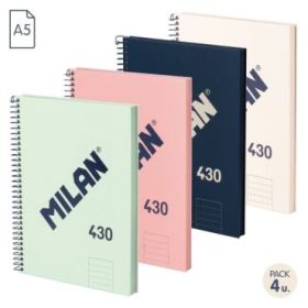 Milan 430 Since 1918 Pack de 4 Cuadernos A5 con Espiral - Papel a Lineas de 7mm - 80 Hojas de 95g - Tapa Dura - Colores Surtidos