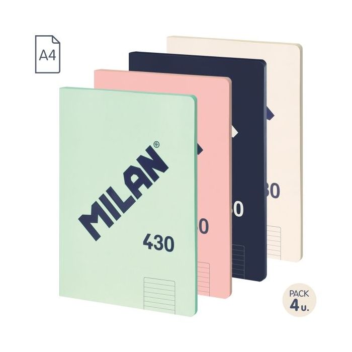 Milan 430 Since 1918 Pack de 4 Libretas A4 Encoladas - Papel a Lineas de 7mm - 48 Hojas de 95g - Colores Surtidos