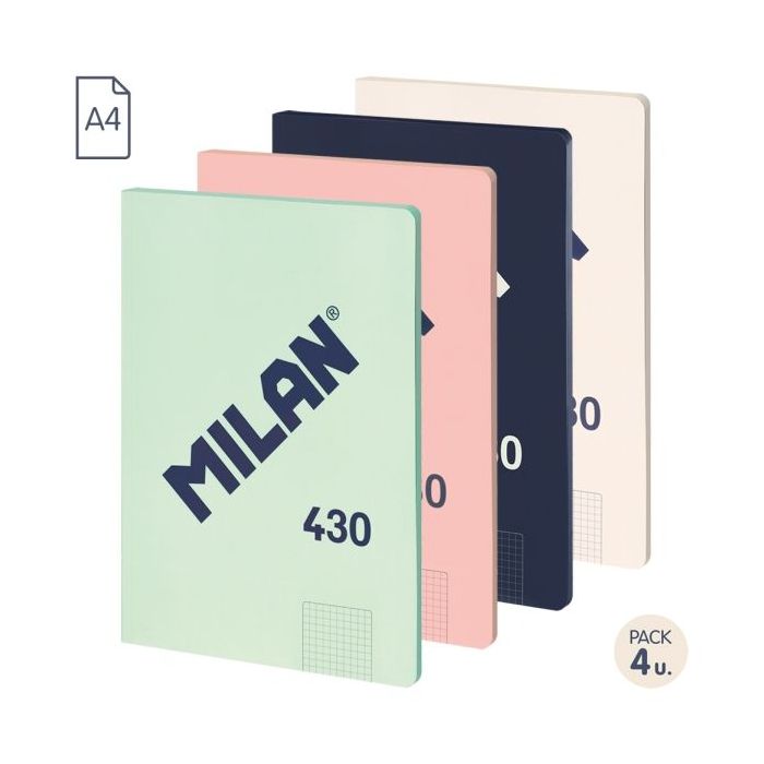 Milan 430 Since 1918 Pack de 4 Libretas A4 Encoladas - Cuadricula 5x5mm - 48 Hojas de 95g - Colores Surtidos