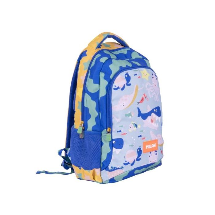 Milan Blue Odyssey Mochila Escolar 21L - Bolsillos Laterales de Malla - Compartimento Interior para Portatil - 2 Cremalleras - 45x30x12cm - Multicolor