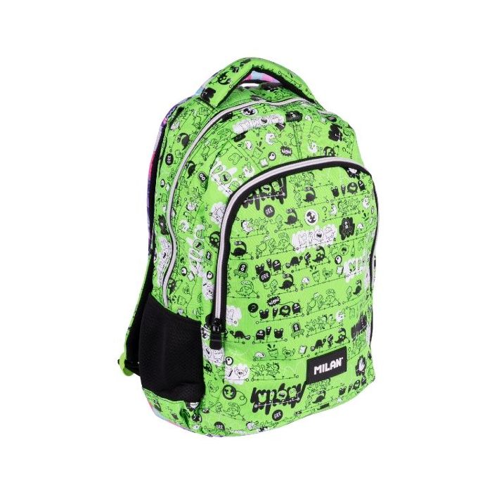 Milan Tandem 2 Mochila Escolar 21L - Bolsillos Laterales de Malla - Compartimento Interior para Portatil - 2 Cremalleras - 45x30x12cm - Color Verde