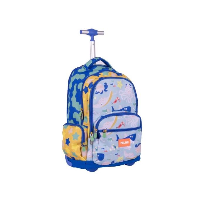 Milan Blue Odyssey Mochila Escolar 25L con Carro Integrado y Mango Metalico Retractil - 3 Bolsillos Delanteros - 2 Bolsillos Laterales - 6 Cremalleras - 46.5x30x17cm - Color Azul