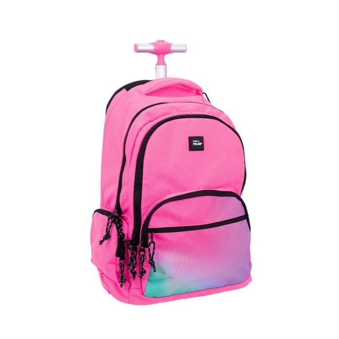Milan Sunset Mochila Escolar 25L con Carro Integrado y Mango Metalico Retractil - 3 Bolsillos Delanteros - 2 Bolsillos Laterales - 6 Cremalleras - 46.5x30x17cm - Color Rosa
