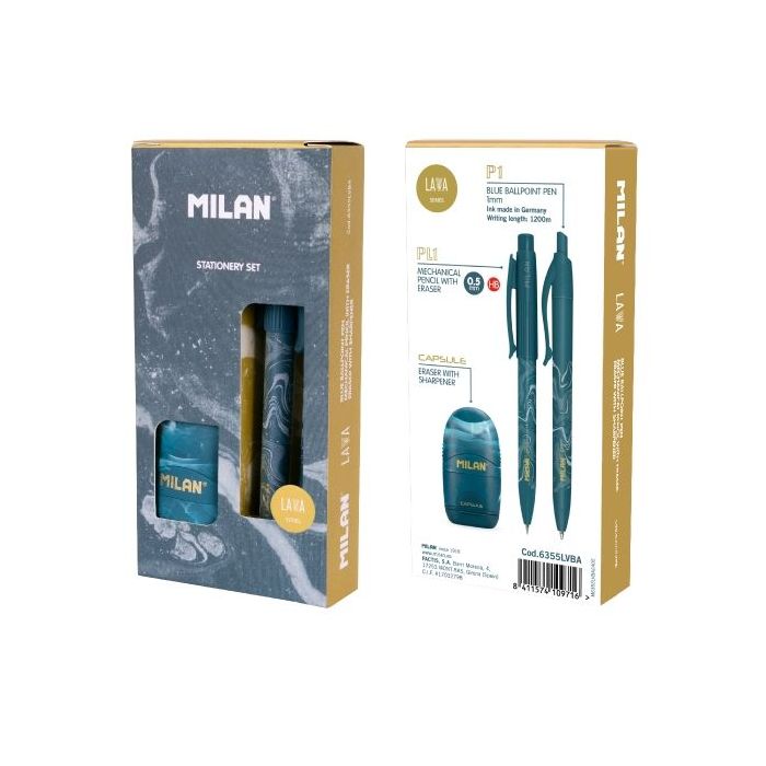 Milan Lava Pack de Boligrafo + Portaminas 0.5mm + Afilaborra - Caja de Regalo - Color Azul