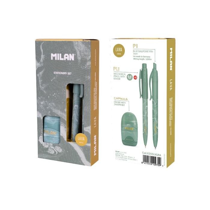 Milan Lava Pack de Boligrafo + Portaminas 0.5mm + Afilaborra - Caja de Regalo - Color Verde