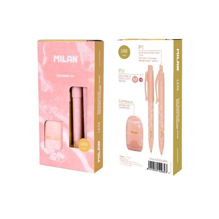 Milan Lava Pack de Boligrafo + Portaminas 0.5mm + Afilaborra - Caja de Regalo - Color Rosa