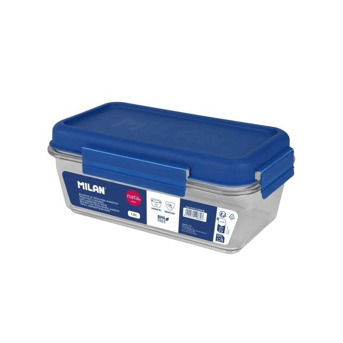 Milan Nata 624 Fiambrera de Tritan Hermetica Rectangular de 1.2L - Libre de BPA - Tapa Hermetica - Apto para Microondas, Lavavajillas y Congelador - Medidas 23x12,5x9,2cm - Transparente con Tapa Azul