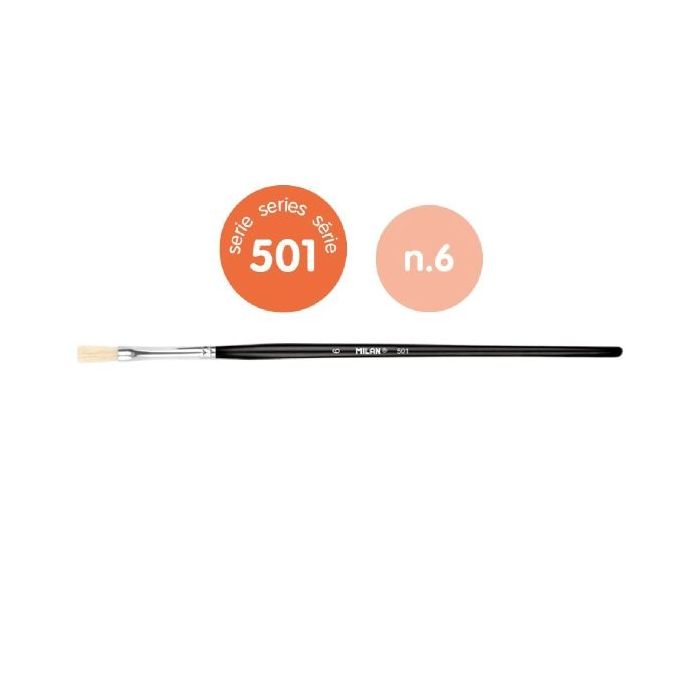 Milan 501 Pack de 6 Pinceles Planos Numero 6 - Bolsa con Colgador - Cerda Natural - Color Negro