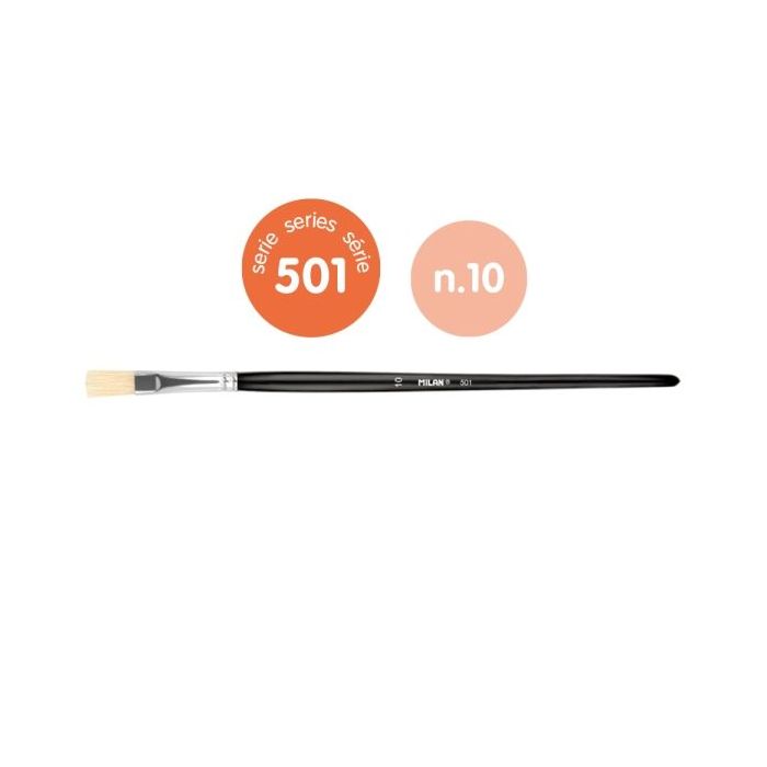 Milan 501 Pack de 6 Pinceles Planos Numero 10 - Bolsa con Colgador - Cerda Natural - Color Negro