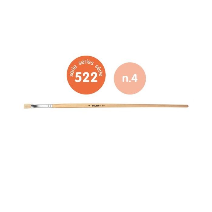 Milan 522 Pack de 6 Pinceles Planos para Oleo Numero 4 - Bolsa con Colgador - Cerda Natural - Color Madera Claro