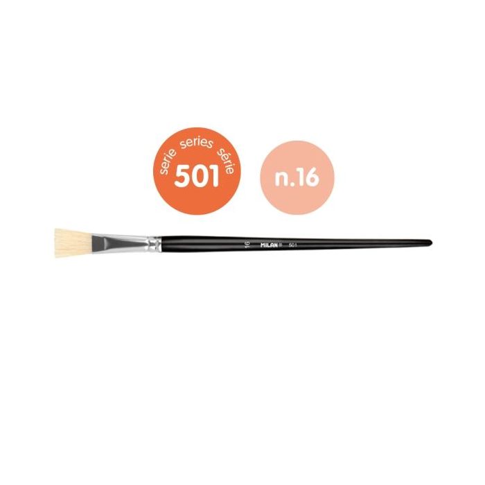Milan 501 Pack de 4 Pinceles Planos Numero 16 - Bolsa con Colgador - Cerda Natural - Color Negro