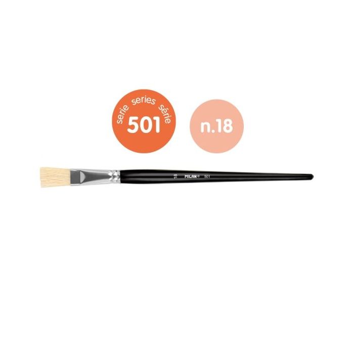 Milan 501 Pack de 4 Pinceles Planos Numero 18 - Bolsa con Colgador - Cerda Natural - Color Negro