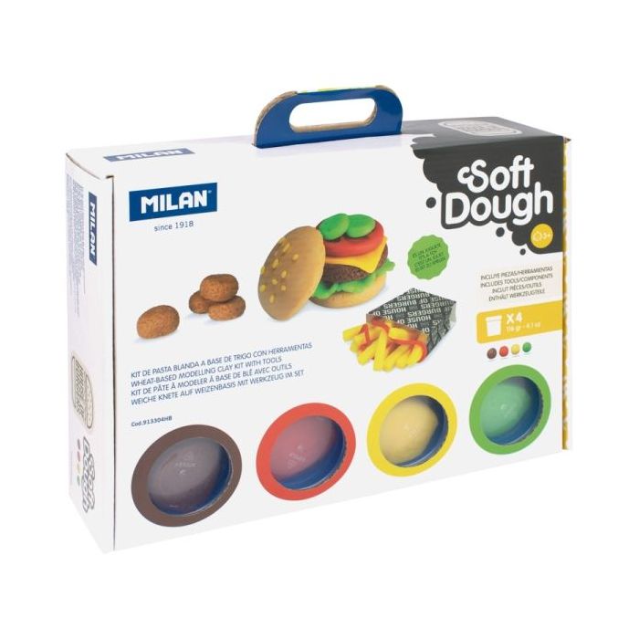 Milan Soft Dough Pack de 4 Botes de Pasta Blanda - Maletin con Herramientas - 116g por Unidad - 100% Vegetal - Moldeable - Sin Residuos - Colores Mezclables - Tematica Hamburgeseria