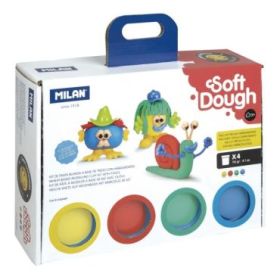Milan Soft Dough Pack de 4 Botes de Pasta Blanda - Maletin con Herramientas - 116g por Unidad - 100% Vegetal - Moldeable - Sin Residuos - Colores Mezclables - Tematica Caras Divertidas